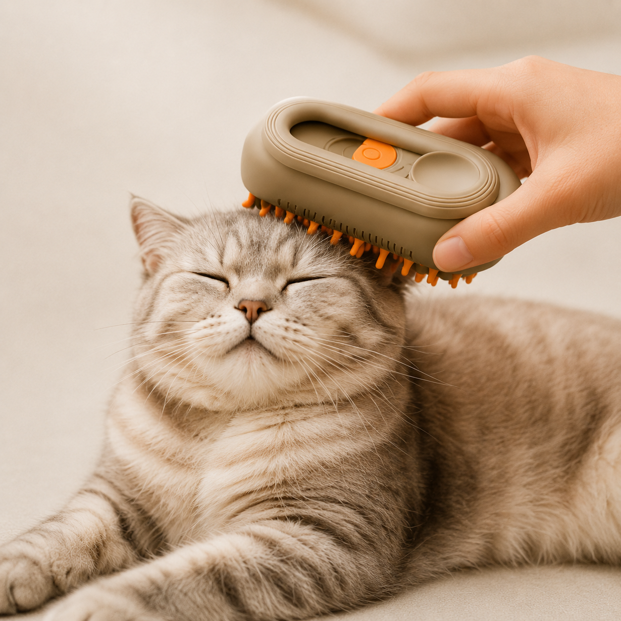 Katze mit geschlossenen Augen wird mit der elektrischen 3-in-1 Buerste gebuerstet